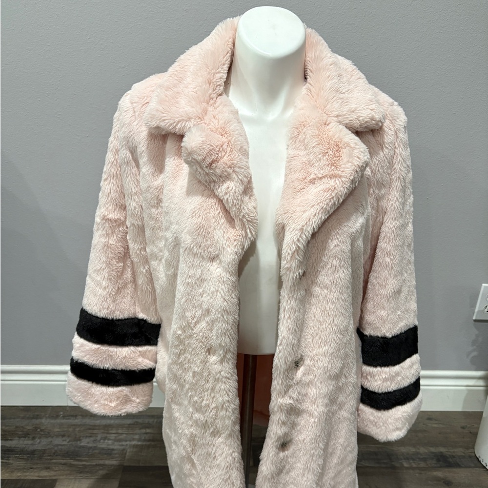 Women’s Pink Faux Fur Jacket with Black Stripes 100% Polyester